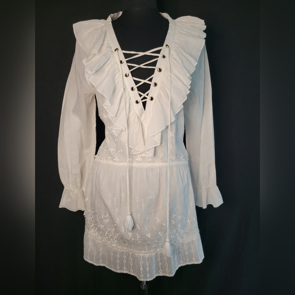 Misa Los Angeles White Lace-Up Embroidered Mini Dress Ruffle Detail